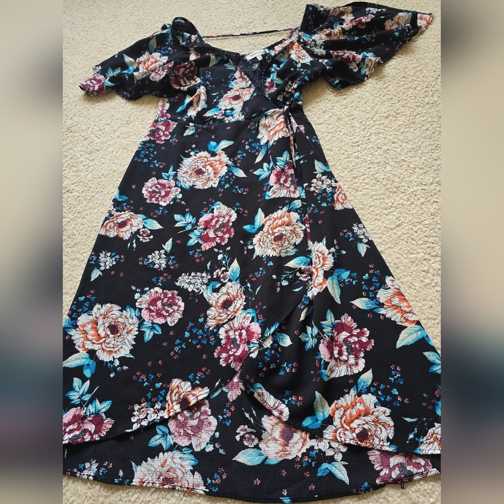 Monteau Black Floral Wrap Dress with Teal and Rose Accents